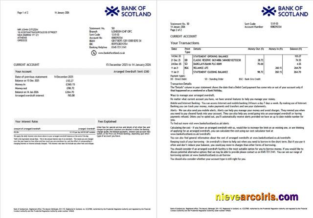 UK Bank of Scotland account statement Word and PDF, 2 pages